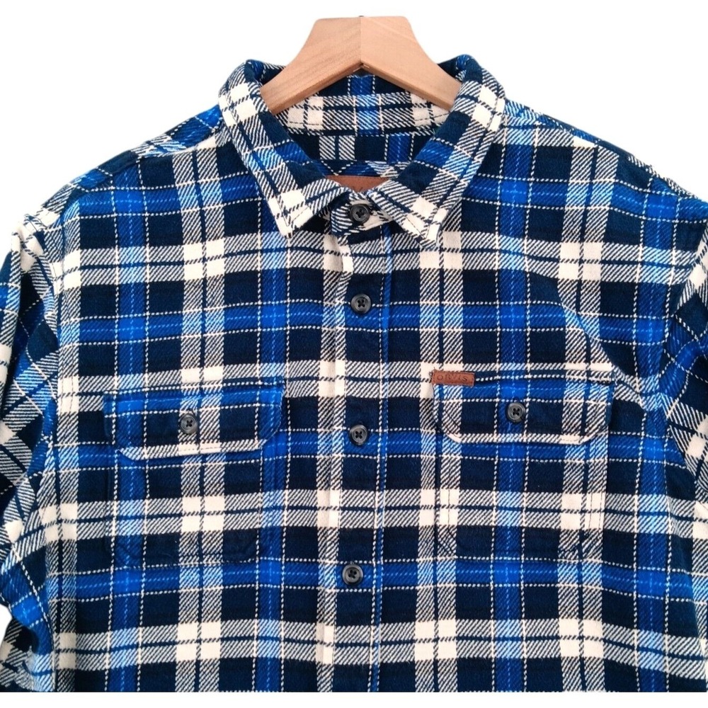 Orvis Shirt Mens XL Blue White Plaid Button Upโ Flannel Side Pockets Shacket 46"